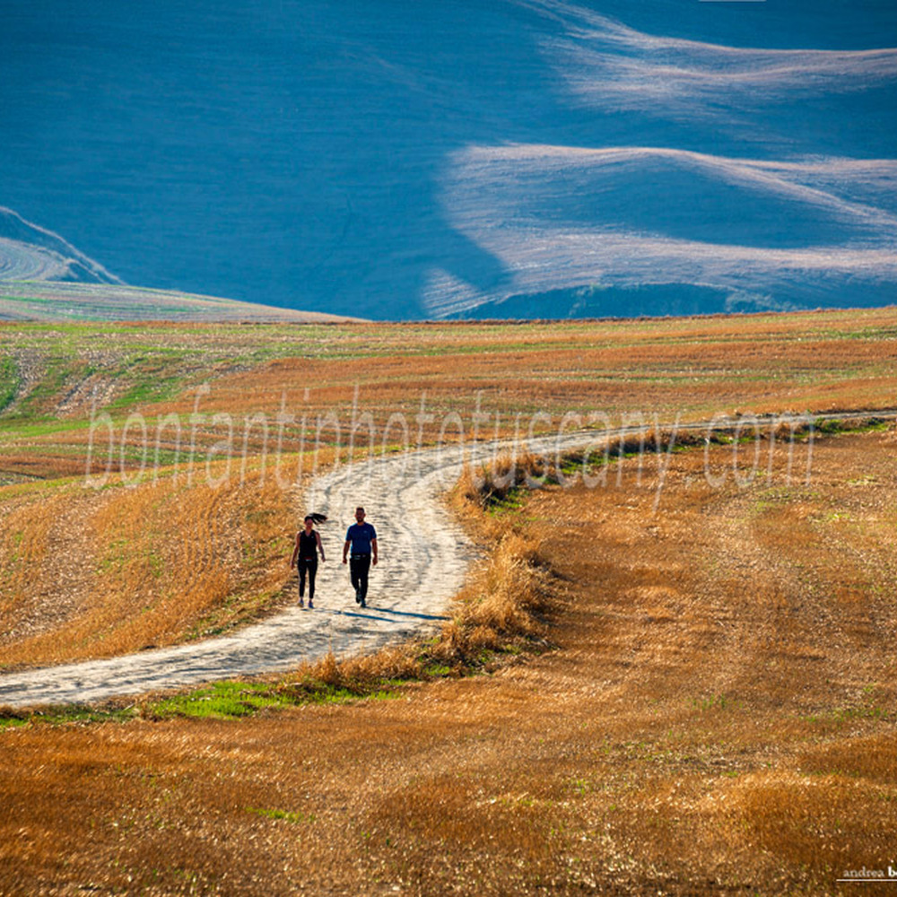 paesaggio delle crete senesi #88 strada poderale con due escursionisti a mucigliani